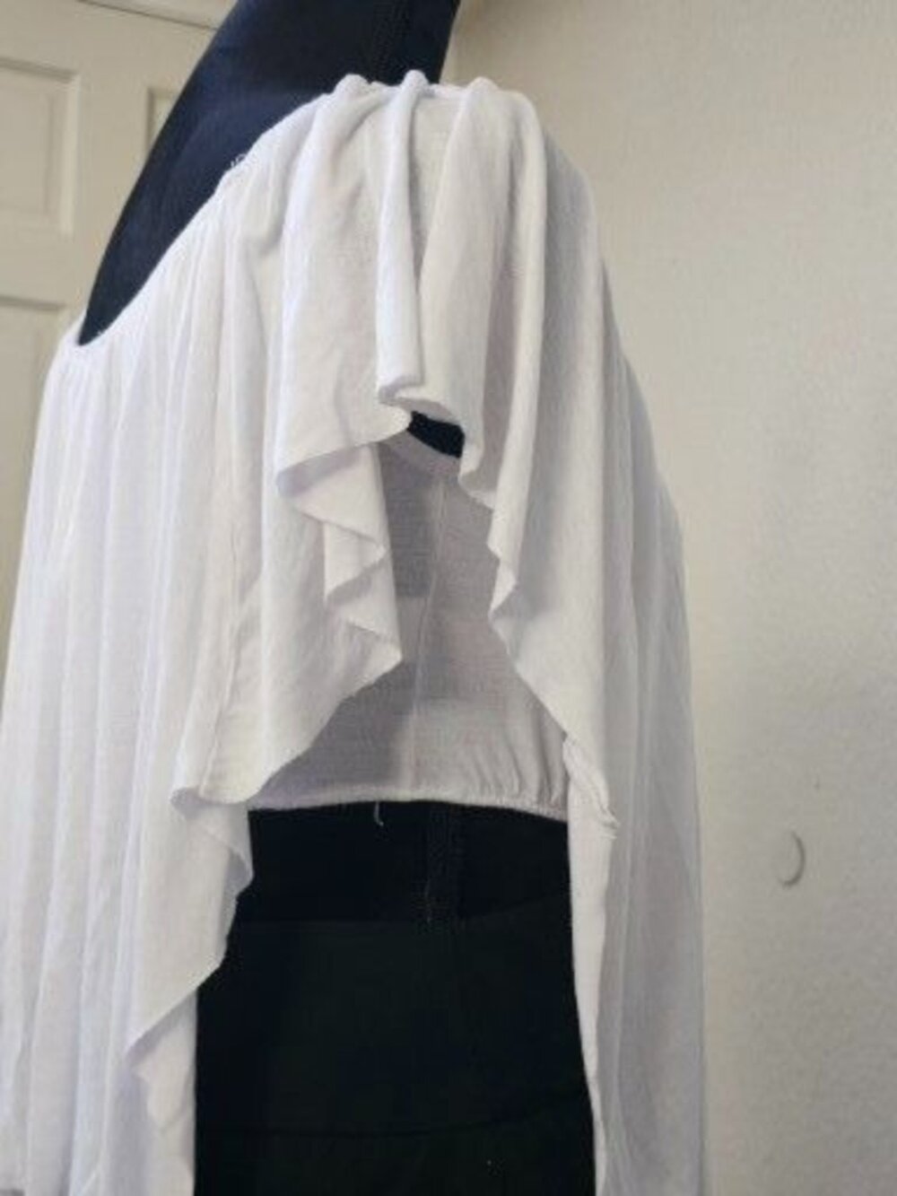 White Boho-Style Flutter Sleeve Top With Elastic Neckline & Asymmetrical Hem For - Picture 2 of 9